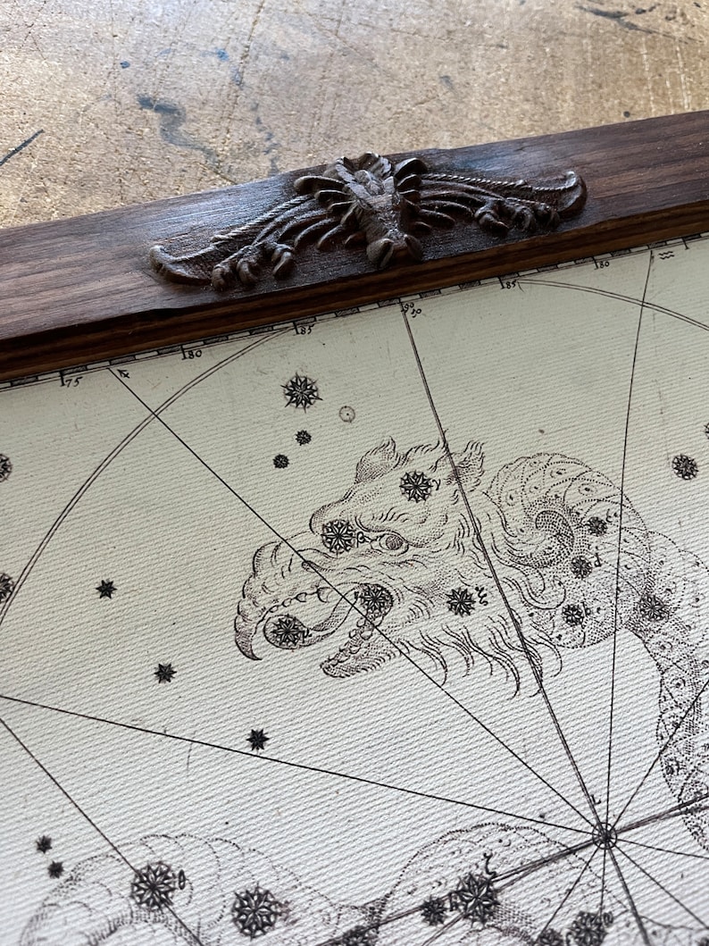 May include: A vintage celestial map with a detailed illustration of a constellation, possibly Draco, the dragon. The map is printed on a cream-colored paper and features a dark wood frame with a carved decorative element at the top.