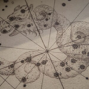 May include: A black and white illustration of a constellation, depicting a dragon-like creature with a long, winding body and a fierce-looking head. The illustration is set against a light beige background with a grid pattern.