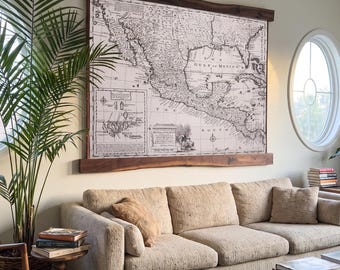 Old map showing New Spain, Galapagos and Mexico, Framed with live edge wood