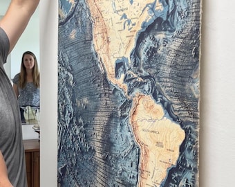 Americas Map Wall Art, Vintage Cotton Canvas, Antique Chestnut Rollers