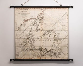Newfoundland Old map, James Cook 1775, 93 x 101cm, 36'' x 40'', Pull down style, Antique wooden finials, Satin edges