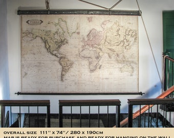 Extra Large 1831 World Map: Victorian Neogothic Art with Iron Hardware