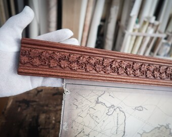 Oak leaves carving, Mahogany frame and modern world map, wall art above couch or master bed