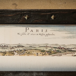 Mapa antiguo de París de 1620, Historia de Francia, Decoración real antigua, Barra y cabecera de madera antigua