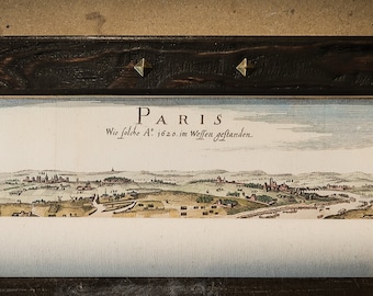 Plan de Paris vintage 1620, Histoire de France, décor royal vintage, barre et en-tête en bois ancien