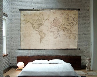 Magnificent king size map with iron hardware, World in 1831, Extra large world map, Noble neogothic art