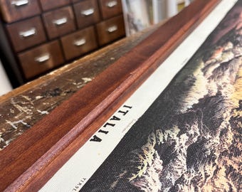 Unique view of beautiful Italy, Painted vintage map of Italy, Topographical Italy map, Natural colors, Walnut wooden frame