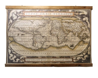 Typus Orbis Terrarum, Ortelius world map 1564, Wooden worm holes in dried and treated antique trims, Wax furnish, Golden satin map edges