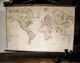 Extra Large 1831 World Map: Victorian Neogothic Art with Iron Hardware