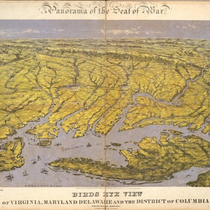 Map of Panorama of the Seat of War, Birds Eye View Of Virginia, Maryland Delaware And The District Of Columbia, Cotton canvas, Civil war era
