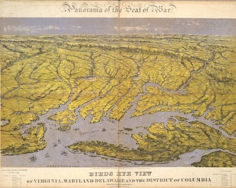 Map of Panorama of the Seat of War, Birds Eye View Of Virginia, Maryland Delaware And The District Of Columbia, Cotton canvas, Civil war era