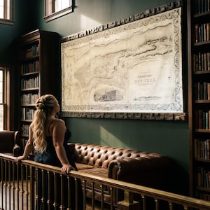 Op de afbeelding: Een grote, rechthoekige kaart van de City and County of New York in vintage-stijl, ingelijst in donker hout. De kaart bevat gedetailleerde cartografie, ingewikkelde krulranden en een kleine illustratie van een gebouw in het onderste gedeelte.