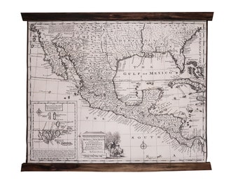Old map showing New Spain, Galapagos and Mexico, Framed with live edge wood