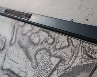 Old plan of Philadelphia, Pennsylvania, Delaware riverbank , Antique black wood