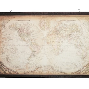 Unique world map in 1800, Hanger frames art, Thematic map of two hemispheres, World mountains and rivers map and Time diagram art,