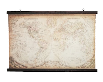Unique world map in 1800, Hanger frames art, Thematic map of two hemispheres, World mountains and rivers map and Time diagram art,