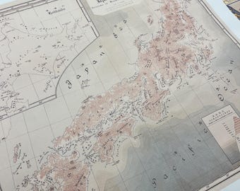 Japan Nippon topographical old map 1885, with Hokkaido inset map, System of Japan mountains and Japan rivers, Tokyo, Neutral colors