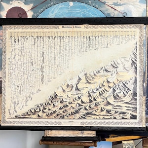 Cette oeuvre d'art murale présente les plus longues rivières et les plus hautes montagnes du monde, une toile de style vintage et du bois ancien
