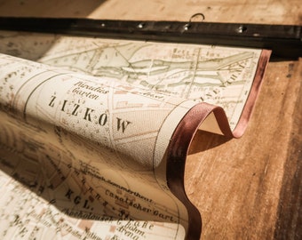 Classy vintage canvas map of Prague 1903, Bohemia & Czech Republic, Antique dark brown wood and fine satin edges of the map