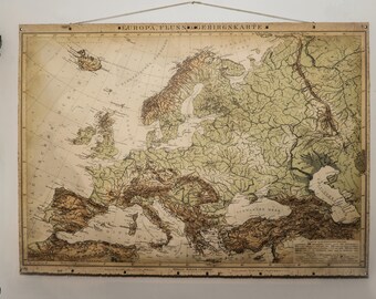 Old topographical map of Europe, Highly decorative map details, Cotton canvas material and bronze nails