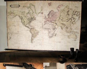 Extra Large 1831 World Map: Victorian Neogothic Art with Iron Hardware