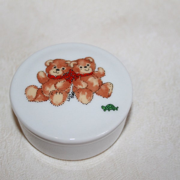 Lucy Rigg Teddy Bears Ring Box - 1979 Enesco Rigglets Small Porcelain Trinket Box
