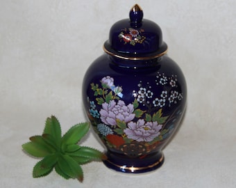 Vintage Kutani Cobalt Blue Hand-painted Ginger Jar - Floral China Tea Caddy - Made in Japan