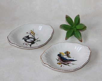 Aynsley Sweetmeat / Bonbon Dish - Set of 2 Bird Trinket Plates - Nuthatch and Crested Tit