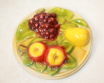 Vintage 3D Fruit Chalkware Plaque Wallhanging - Genuine Hand Painted Devon Ware by Kahane - Apples, Pear and Grapes