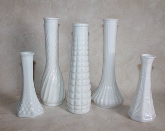 Mixed Lot of 5 Milk Glass Bud Vases  - Wedding Bridal Shower Décor