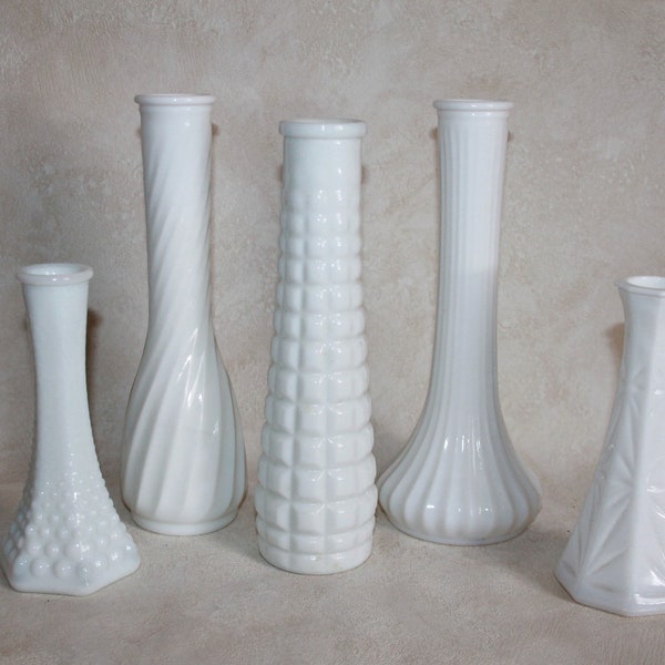 Mixed Lot of 5 Milk Glass Bud Vases  - Wedding Bridal Shower Décor