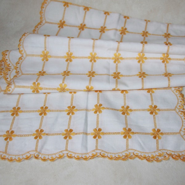 14 x 57 Inch Table Runner / Dresser Scarf  - Yellow Embroidery & Cutwork on White Fabric  - Floral and Check Pattern