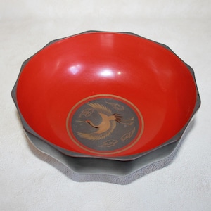 Vintage Japanese Red Lacquerware Bowl with Crane Design - Read description for condition