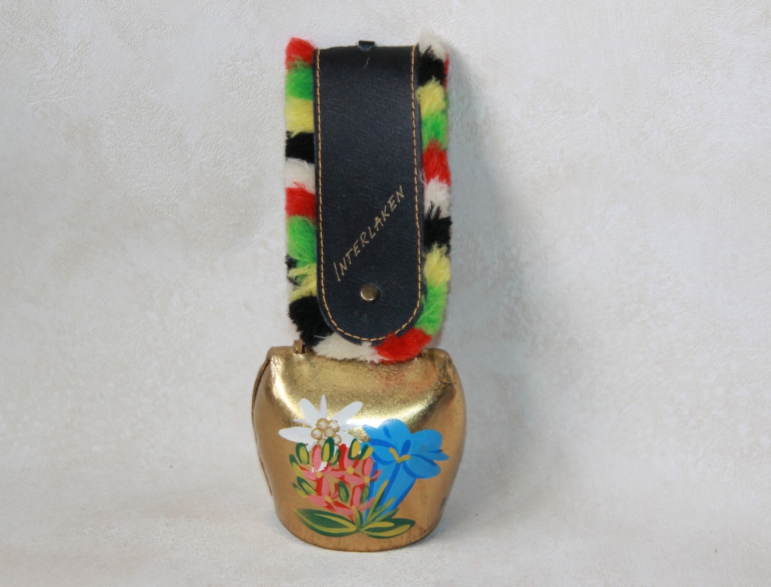 Old Brass Cow Bell Souvenir Swiss Bell Rustic Handmade Hand Painted