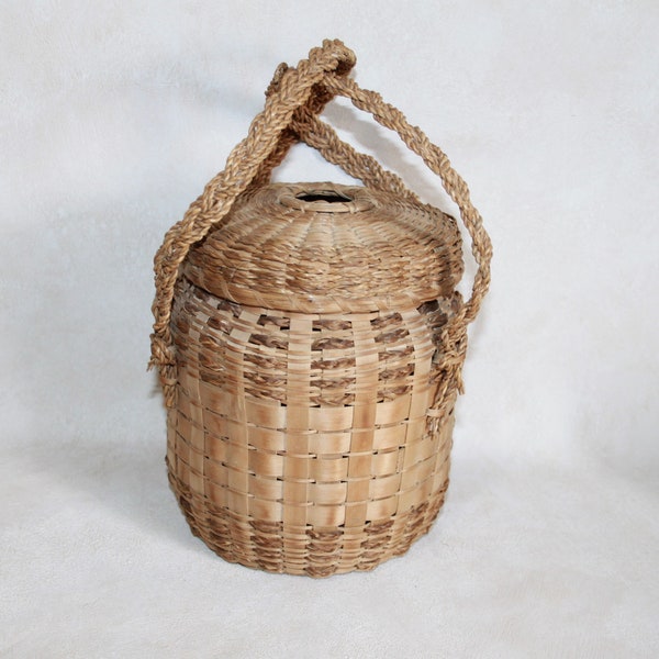 Vintage Native American Yarn Basket - Sweetgrass & Splint Ash Basket - Sewing Knitting Storage Basket