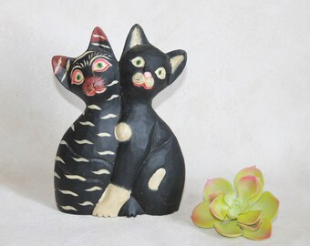 Vintage Cat Figurine - Hand Painted Wooden Folk Art Décor - Pair of Black Cats