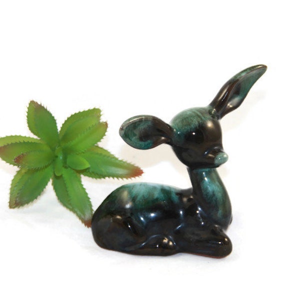 Midcentury Ceramic Fawn Deer Figurine BMP Blue Mountain Pottery Green Drip Glaze - Vintage Canadian Pottery