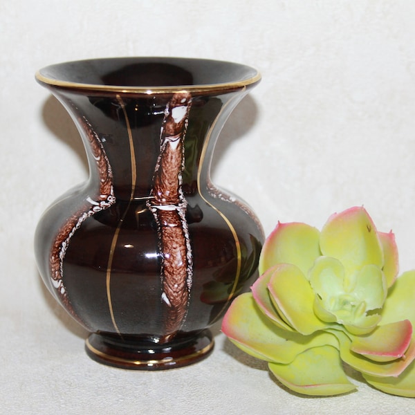 Jasba Keramik Pottery 4 Inch Vase - Midcentury German Art Pottery Vase 235-10  - Chocolate Brown with Gold Stripes