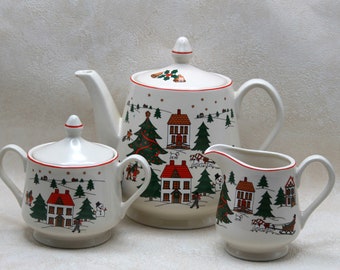 Christmas Village Teapot, Creamer and Covered Sugar Bowl - Holiday Tea Set