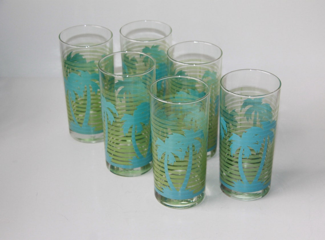 Tropical Glass Tumbler Highball Drinking Glasses Palm Tree Etsy