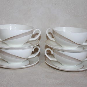 Set of Four Wedgwood Tranquility Cream Soup Bowls with Saucers - English Bone China Dinnerware
