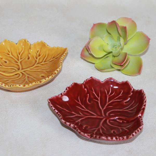 Olfaire Majolica Leaf Dishes - Maroon and Gold Leaf Shaped Trinket Dishes - Made in Portugal