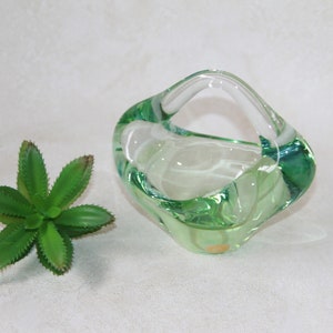 Green Art Glass Basket - Skrdlovice Beranek Bohemian Czech Glass Sculpture Bowl Pattern #6240
