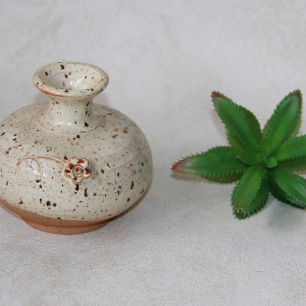 Art Studio Pottery Bud Vase - Decorative Pottery - Small Vase - Earth Tones Speckled Glaze and Unglazed Pottery with Applied Flower