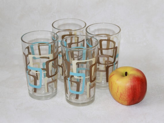 Retro Drinking Glasses Set of 4 Blue Brown Beige Graphic on Sturdy 10 Ounce  Beverage Tumblers 