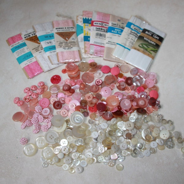 Vintage Pink, White & Off White Craft Supply Bulk Lot - Buttons, Rickrack, Lace, Seam Binding, Bias Tape -  Sewing, Junk Journaling, Etc.