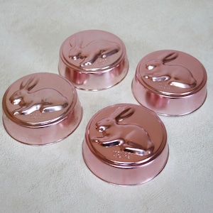 Set of 4 Vintage Anodized Copper Bunny Molds – Easter Kitchen Decor, Individual Gelatin or Cake Molds