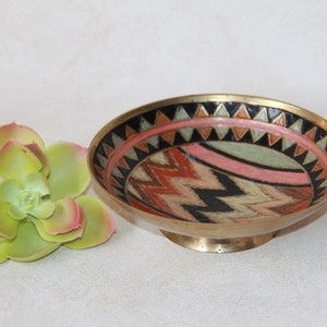 Vintage Brass Pedestal Bowl  -  Decorative Brass and Enamel Trinket Dish - Geometric & Bargello Pattern  Enamel