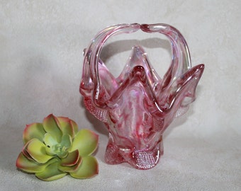 Chalet Art Glass Iridescent Pink Basket Bomboniere Whimsey - Vintage Canadian Collectible