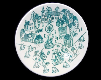 Nymolle Art Faience Hoyrup Small Plate Saucer 4006 Old Port Town Limited Edition - Danish Art Pottery